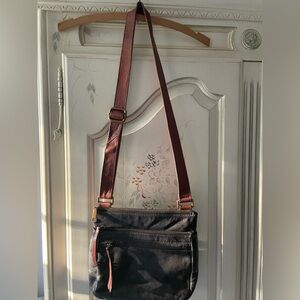 Fossil Leather Crossbody Bag in Black with Brown Strap